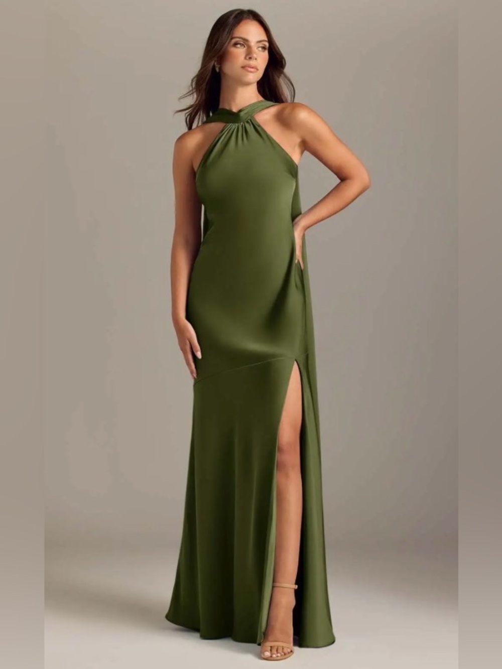 Azazie Kinsley Stretch Olive Mermaid Side Slit Stretch Satin Dress 4
